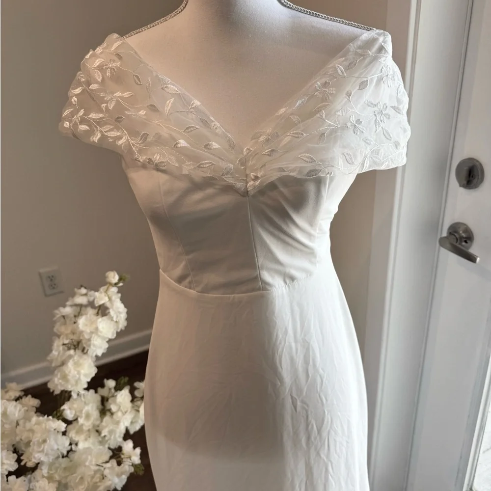Wedding Dress off shoulder White Sheer Floral Gown size Small - Picture 3 of 11